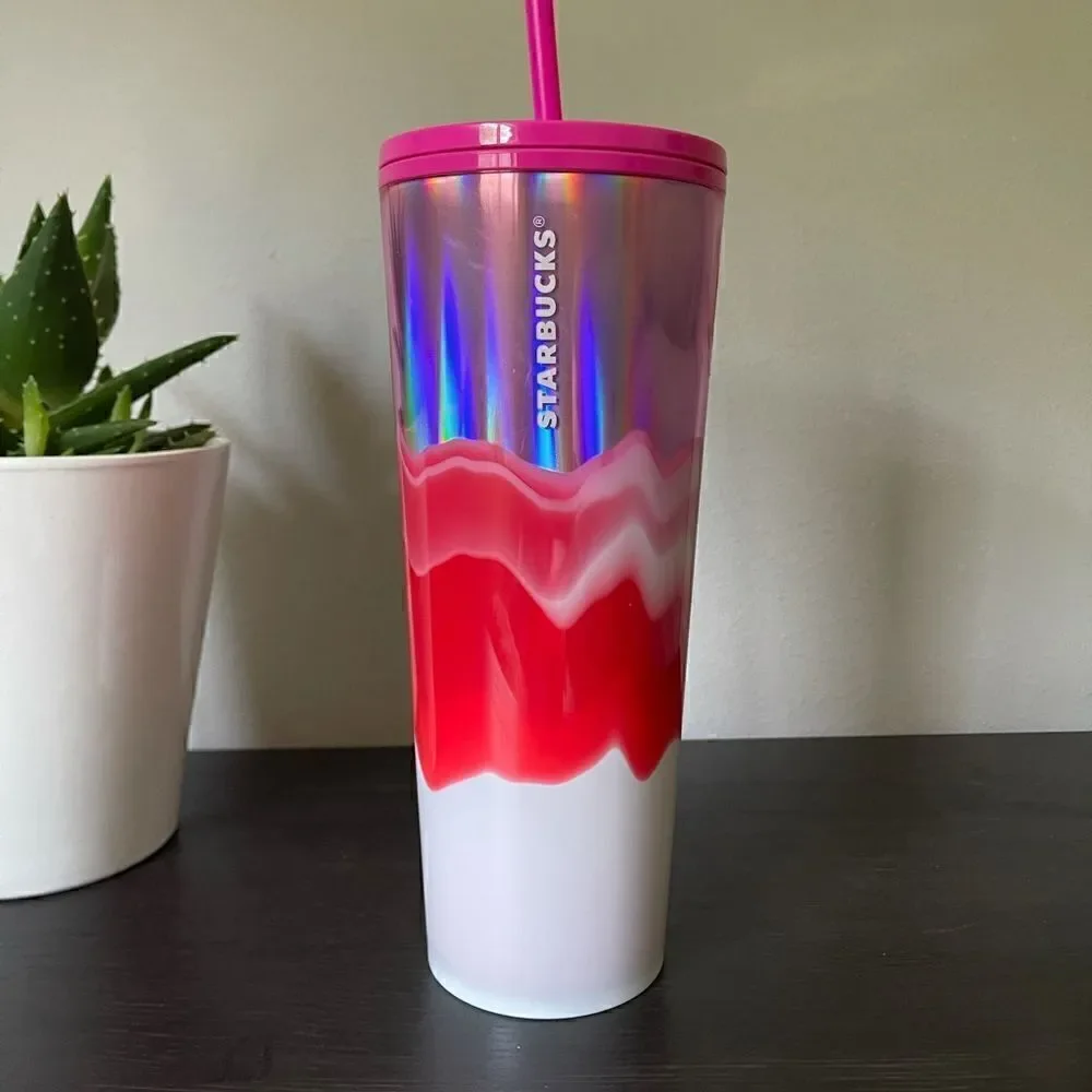 STARBUCKS 2021 WINTER RED PINK WHITE HOLOGRAPHIC WAVE GEODE TUMBLER COLD CUP